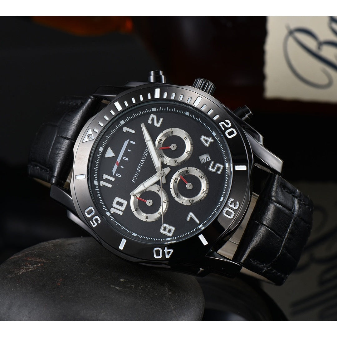 Six-pin quartz men’s watch with full-function timing.