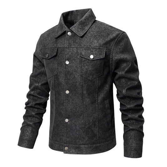 Men's Lapel Leather Jacket Chest Button Pocket Casual Slim Fit