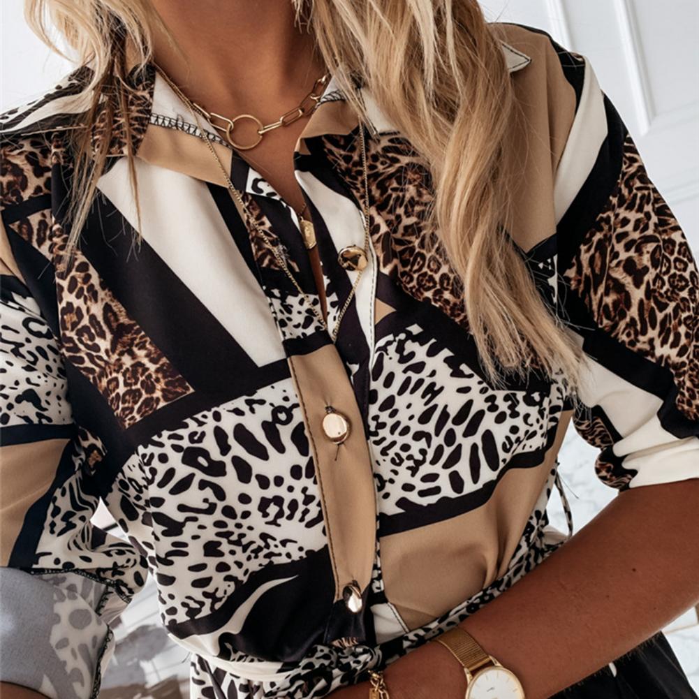 Women Leopard Printed Patchwork Long-sleeved Lapel Collar Shirt