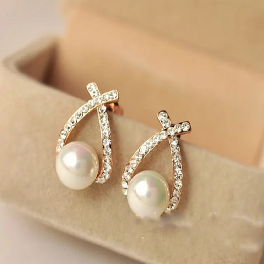 Exquisite Crystal Pearl Cross Earrings