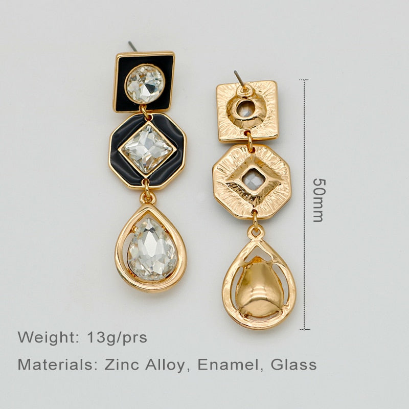 Black Enamel Clear Glass Stones Statement Earrings