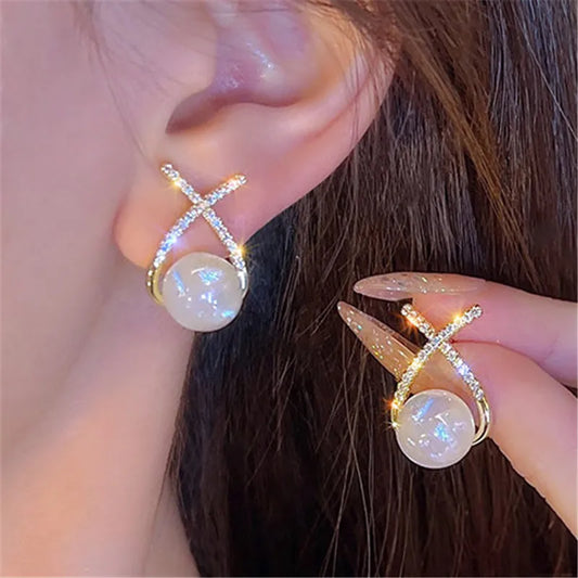 Gold Color Pearl Stud with White Cubic Zircon Earrings