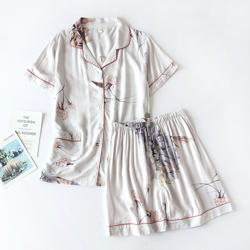 Summer new pajamas, short-sleeved shorts large floral print pajamas for women