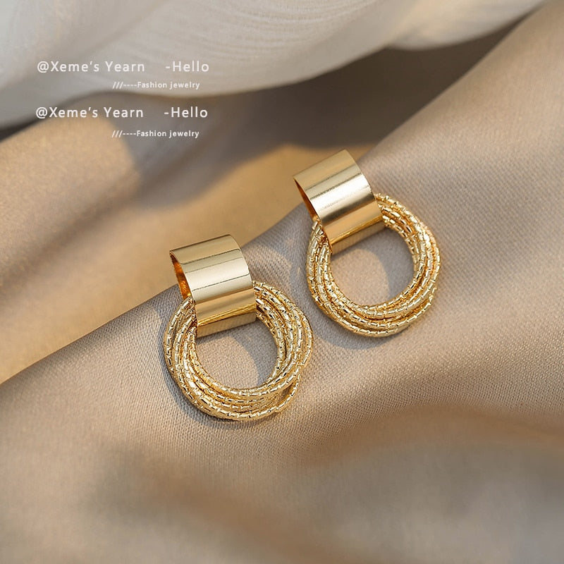 Retro Metallic Gold Colour Multiple Small Circle Pendant Earrings