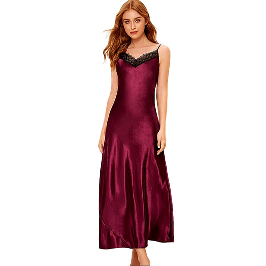 Ladies Silk Long Gowns/Nightgown/V-neck Night Dress