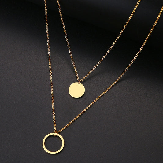 Stainless Steel Double Round Geometric Pendant Necklace