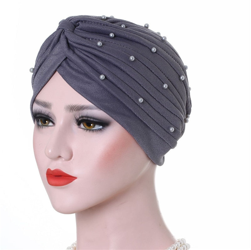 Cotton solid folds pearl muslim turban scarf  women's hijab