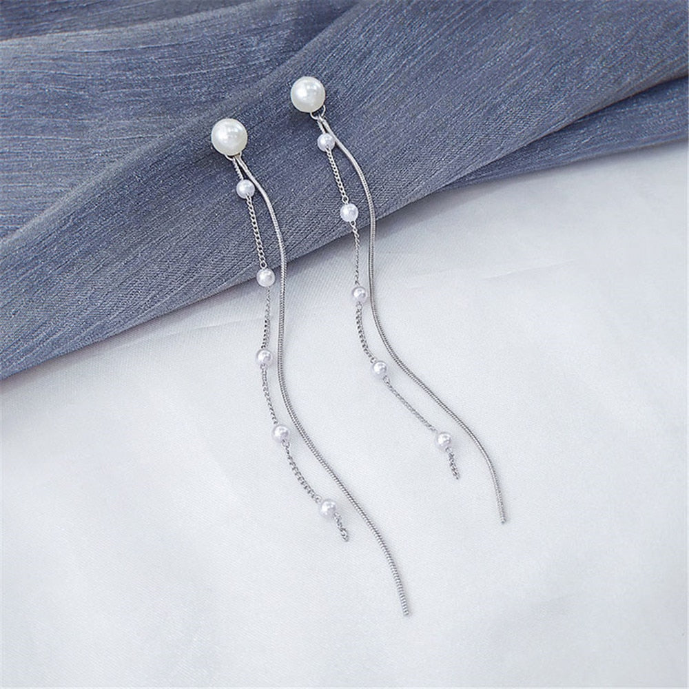 Tassels Silver Plated Long white Hook Dangle Chain Earrings