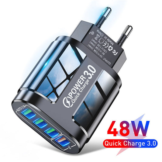 48W USB Charger Fast Charge QC 3.0 Wall Charging, 4 Ports EU, US Plug Adapter