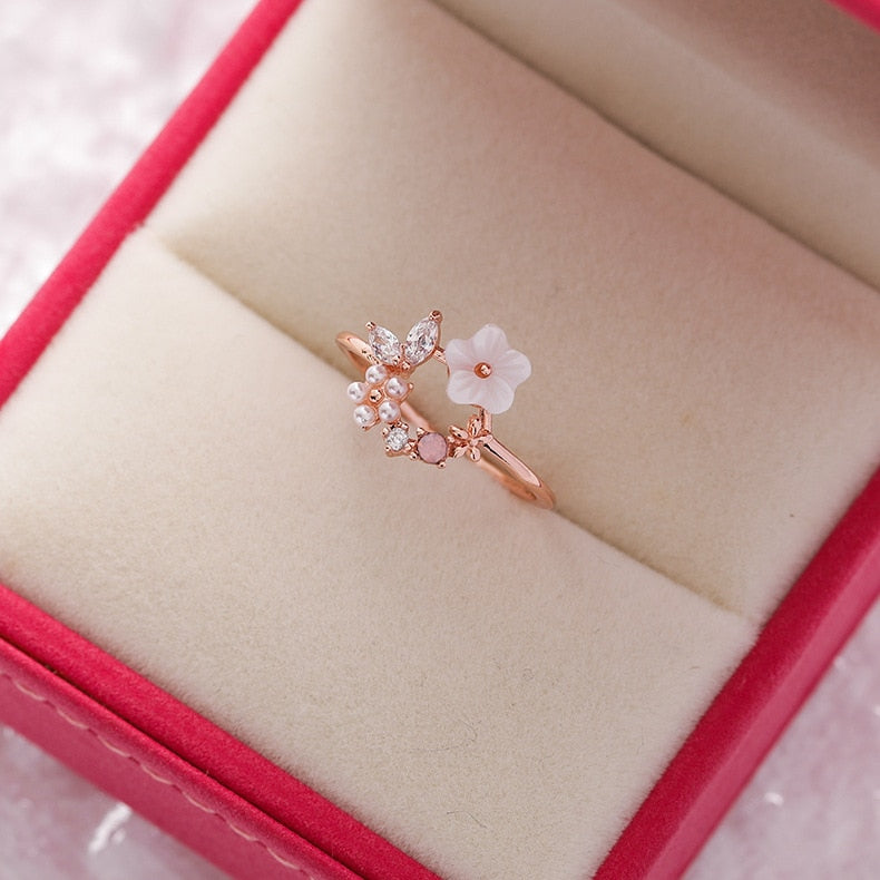Crystal Flower Ring, Opening Ring for Female