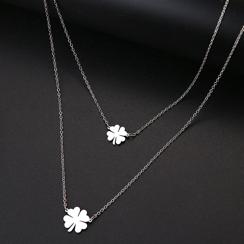 Double Lucky Clover Cross Necklace Stainless Steel
