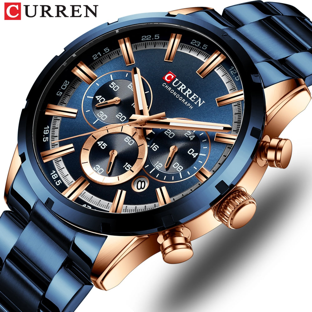 Blue Dial Stainless Steel Waterproof Luxuries Men Wrist Watches