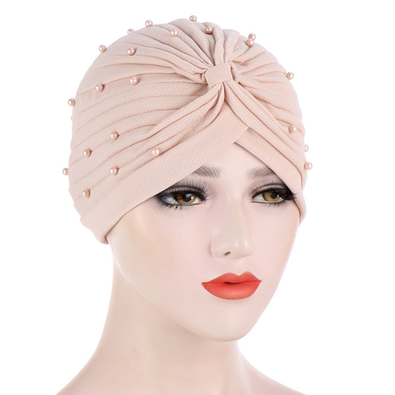 Cotton solid folds pearl muslim turban scarf  women's hijab