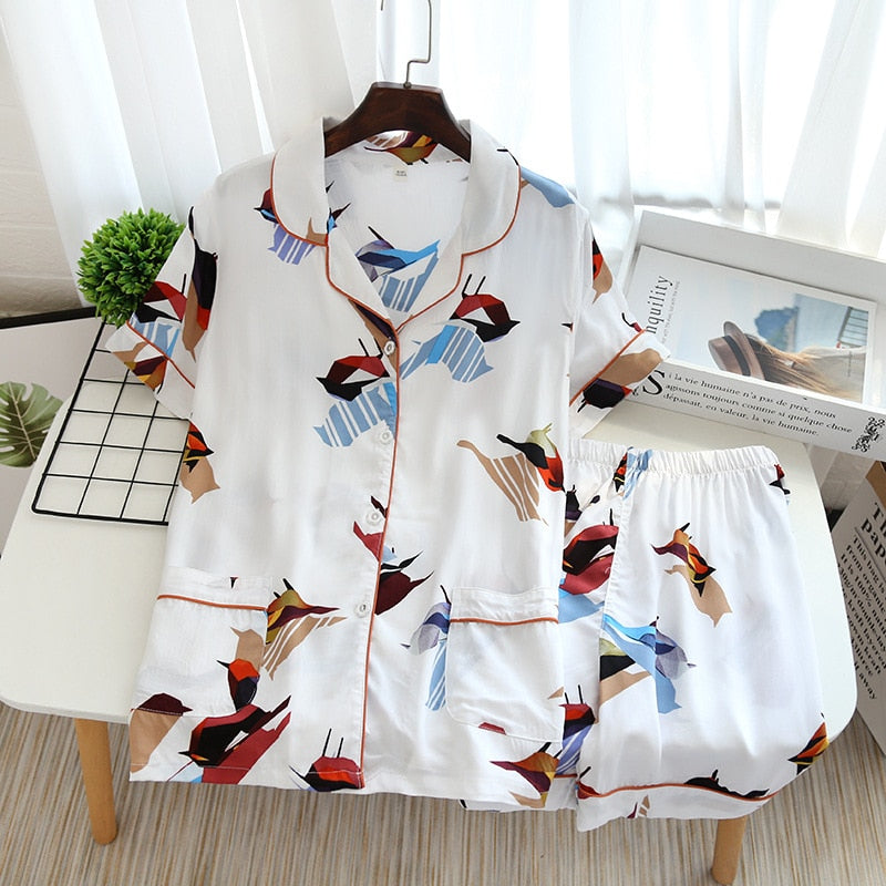 Summer new pajamas, short-sleeved shorts large floral print pajamas for women