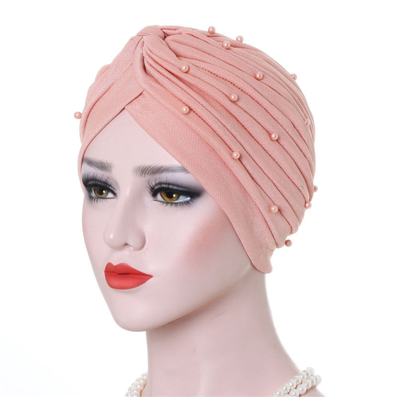 Cotton solid folds pearl muslim turban scarf  women's hijab