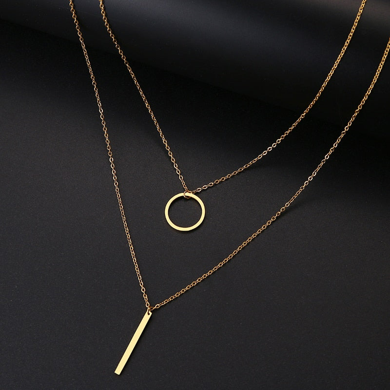 Stainless Steel Double Round Geometric Pendant Necklace