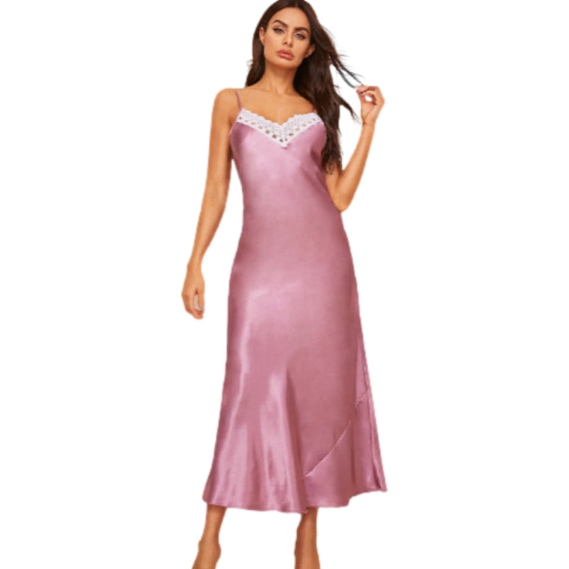 Ladies Silk Long Gowns/Nightgown/V-neck Night Dress