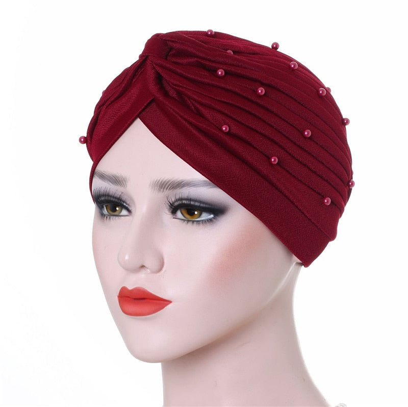 Cotton solid folds pearl muslim turban scarf  women's hijab