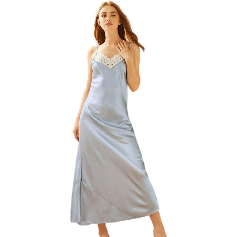 Ladies Silk Long Gowns/Nightgown/V-neck Night Dress