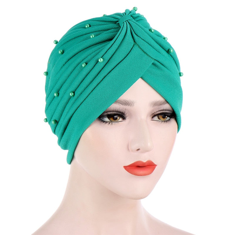 Cotton solid folds pearl muslim turban scarf  women's hijab