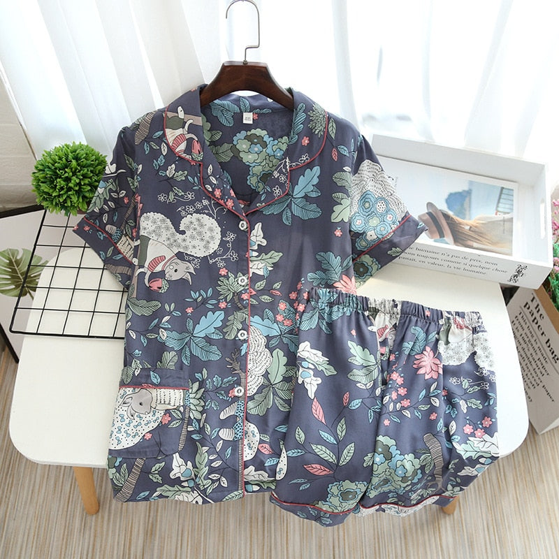 Summer new pajamas, short-sleeved shorts large floral print pajamas for women