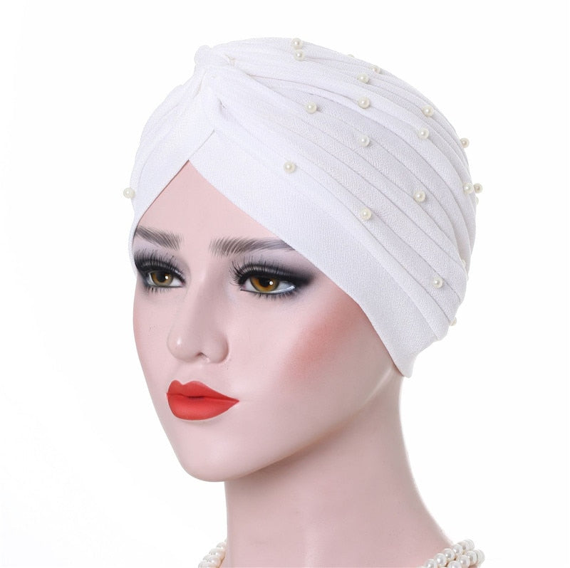 Cotton solid folds pearl muslim turban scarf  women's hijab