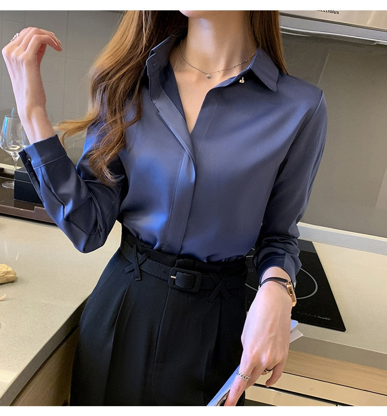 Silk Women's Shirt Long Sleeve Fashion Woman Blouses / Satin Top Female Shirts