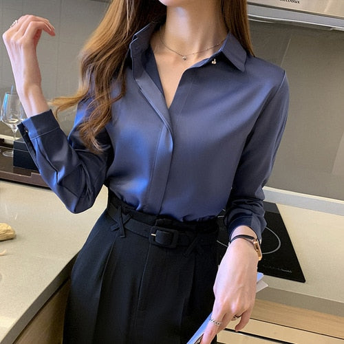 Silk Women's Shirt Long Sleeve Fashion Woman Blouses / Satin Top Female Shirts