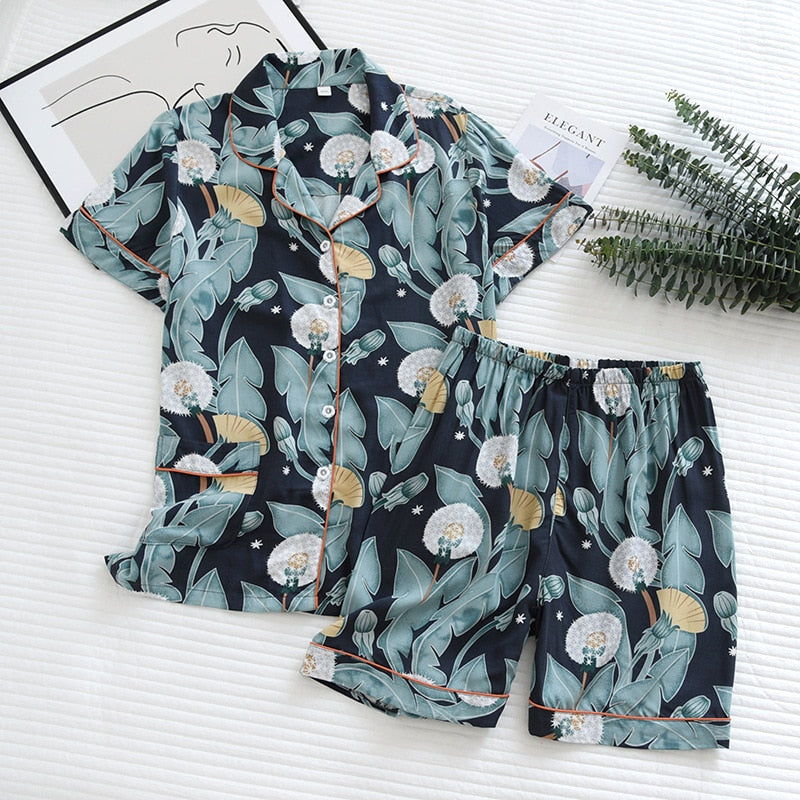 Summer new pajamas, short-sleeved shorts large floral print pajamas for women