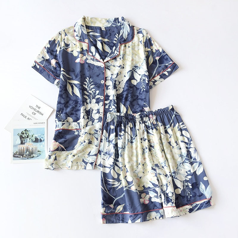 Summer new pajamas, short-sleeved shorts large floral print pajamas for women