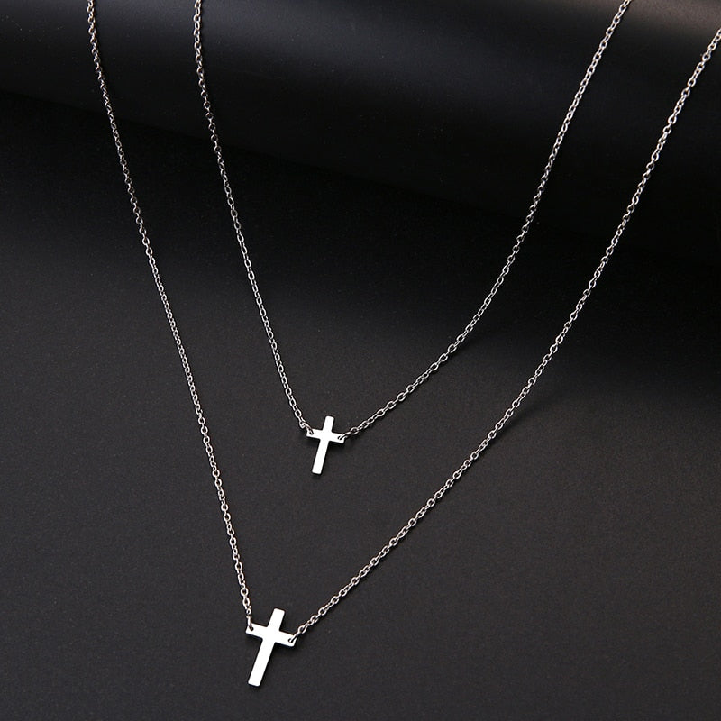 Double Lucky Clover Cross Necklace Stainless Steel