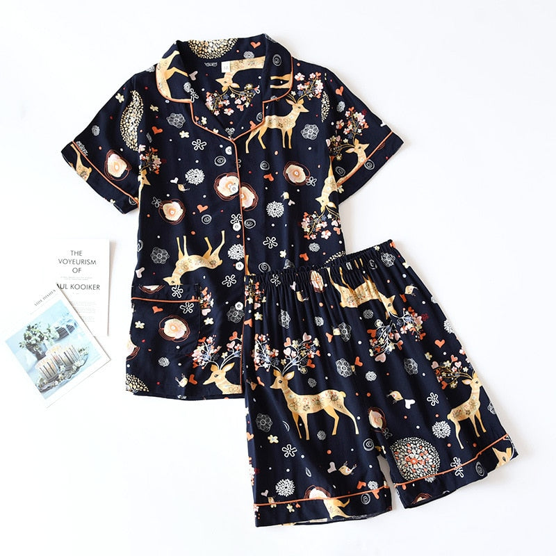 Summer new pajamas, short-sleeved shorts large floral print pajamas for women