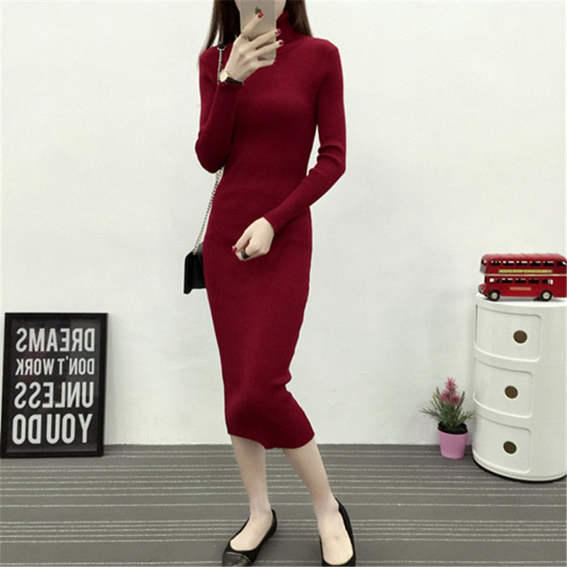 Women Knitted Dress, Long Sleeve Bottoming Dress