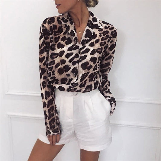 Leopard Print V-Neck Blouse/Chiffon Blouse Long Sleeve Lady Office Shirt