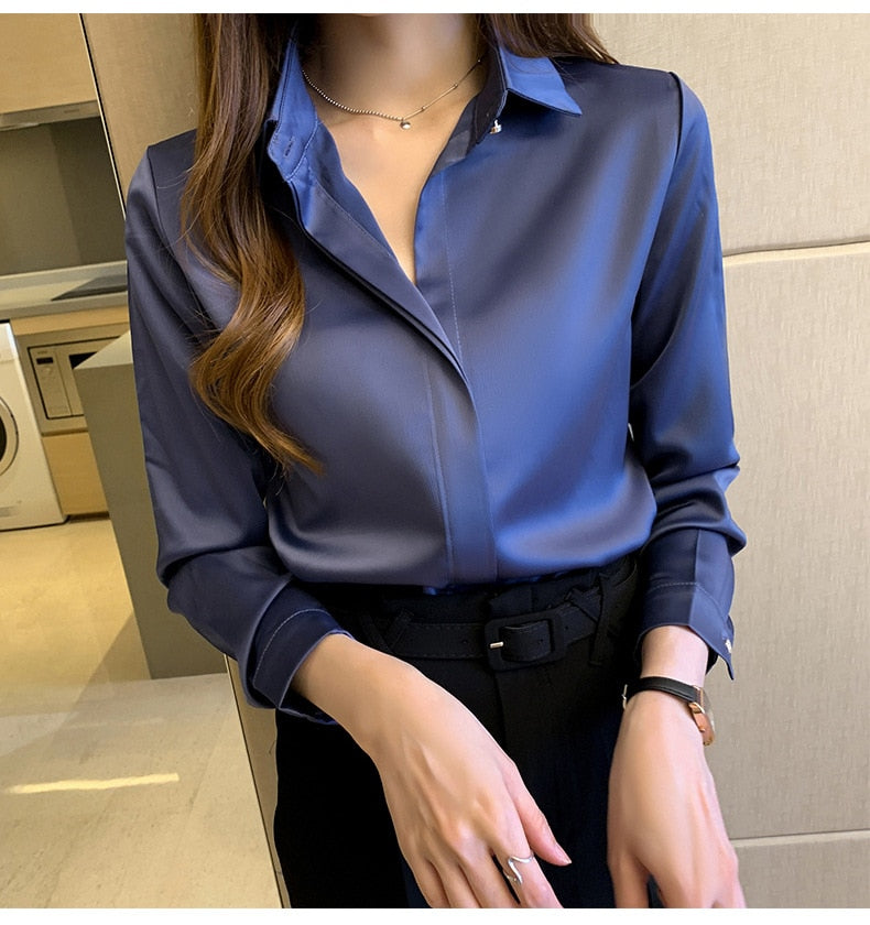 Silk Women's Shirt Long Sleeve Fashion Woman Blouses / Satin Top Female Shirts