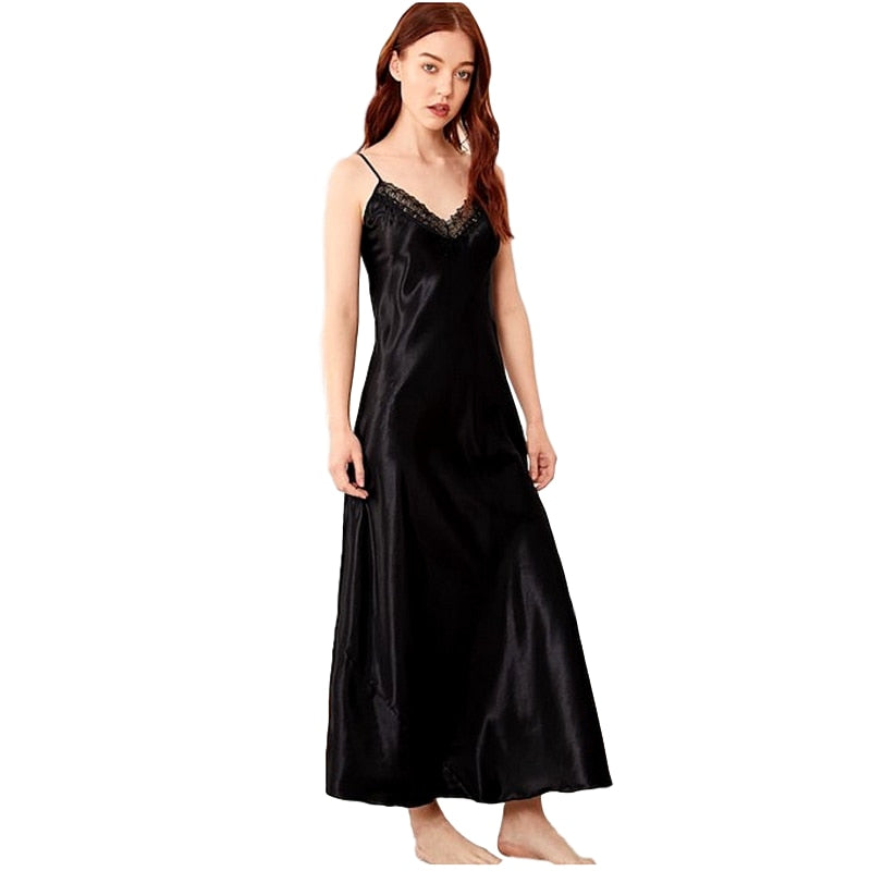 Ladies Silk Long Gowns/Nightgown/V-neck Night Dress