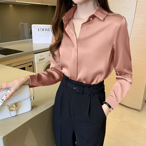 Silk Women's Shirt Long Sleeve Fashion Woman Blouses / Satin Top Female Shirts