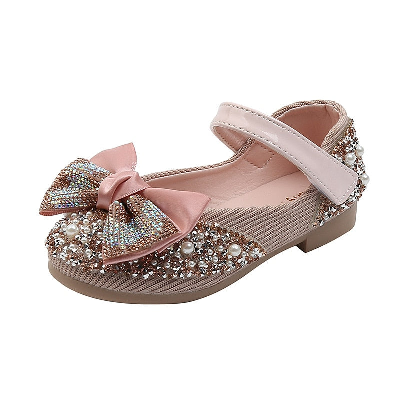 Children PU Leather Shoes, Rhinestone Bow Princess Girls Party Dance Shoes