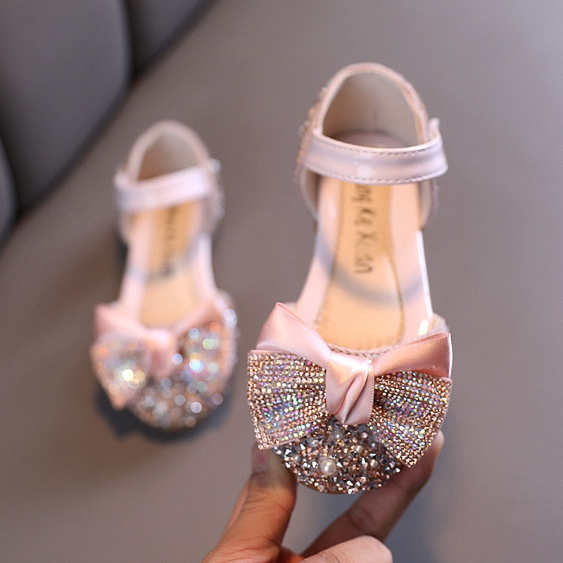 Children PU Leather Shoes, Rhinestone Bow Princess Girls Party Dance Shoes