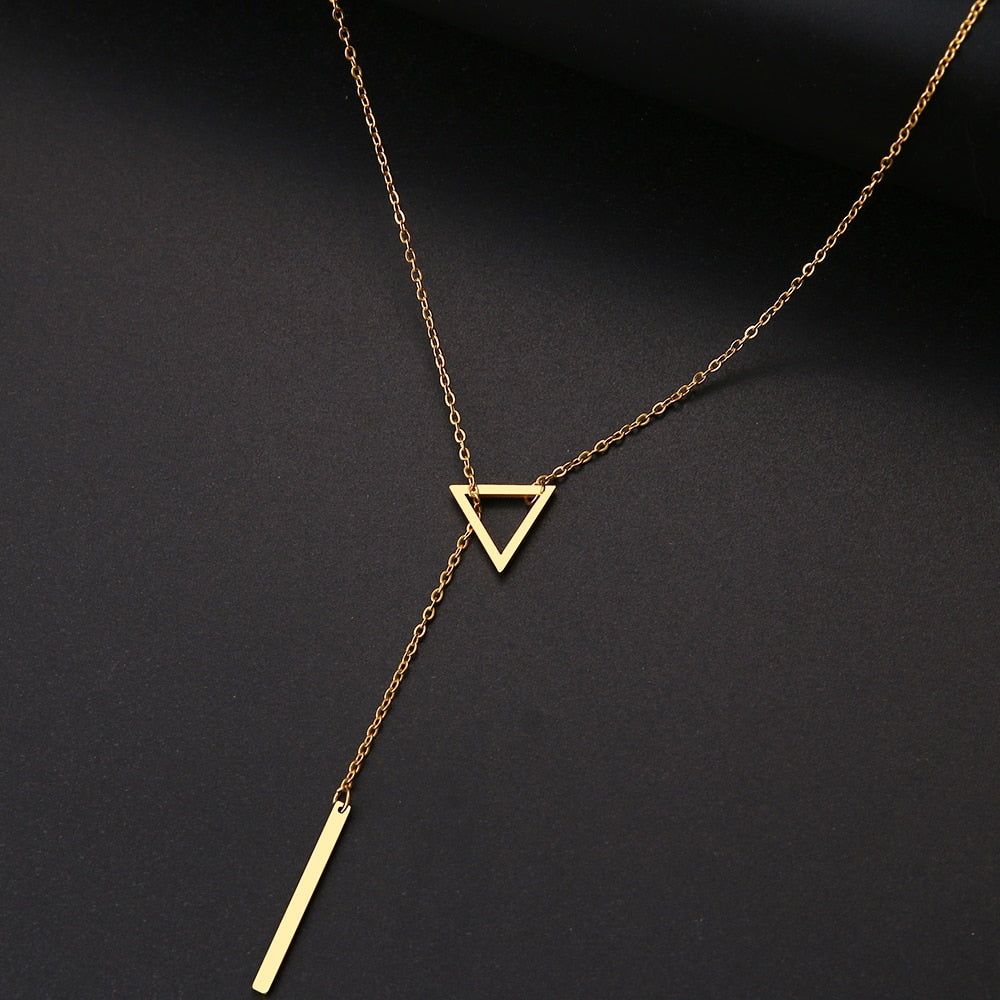 Long Chain Openwork Triangle and Baguette Stainless Steel Necklace