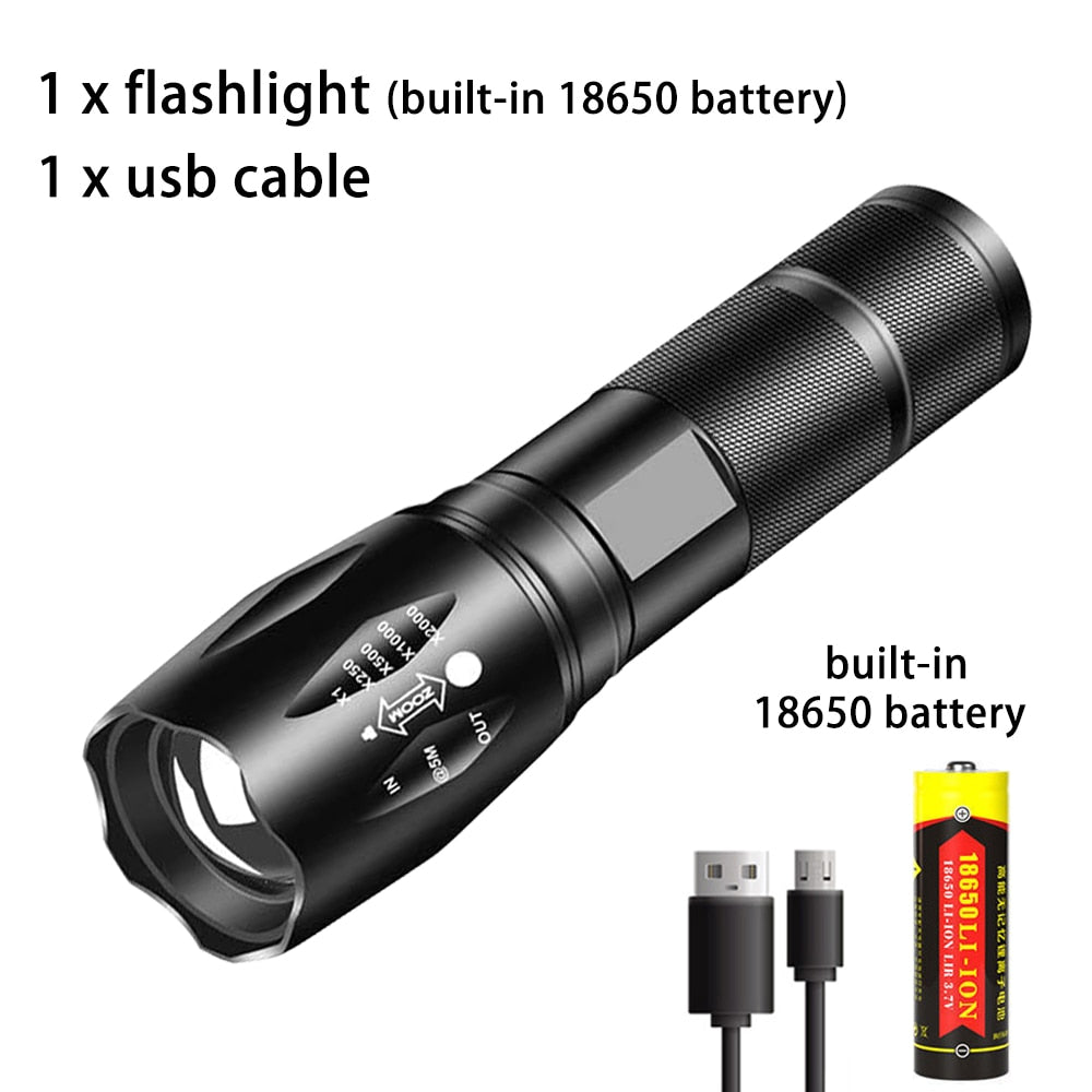 T6 LED Flashlight, Super Bright Portable Torch, USB Rechargeable Flash Light