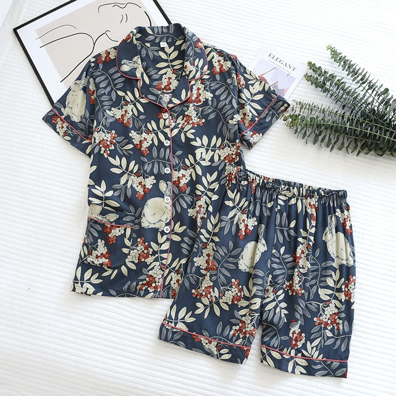 Summer new pajamas, short-sleeved shorts large floral print pajamas for women