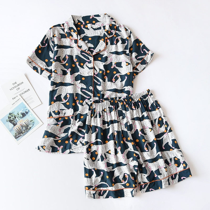 Summer new pajamas, short-sleeved shorts large floral print pajamas for women