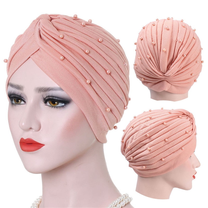 Cotton solid folds pearl muslim turban scarf  women's hijab