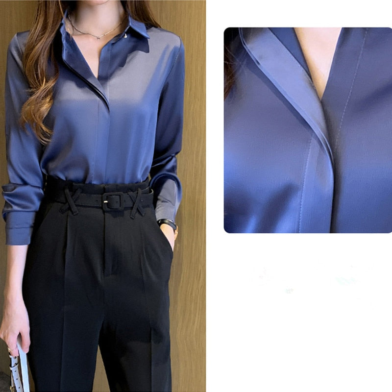 Silk Women's Shirt Long Sleeve Fashion Woman Blouses / Satin Top Female Shirts