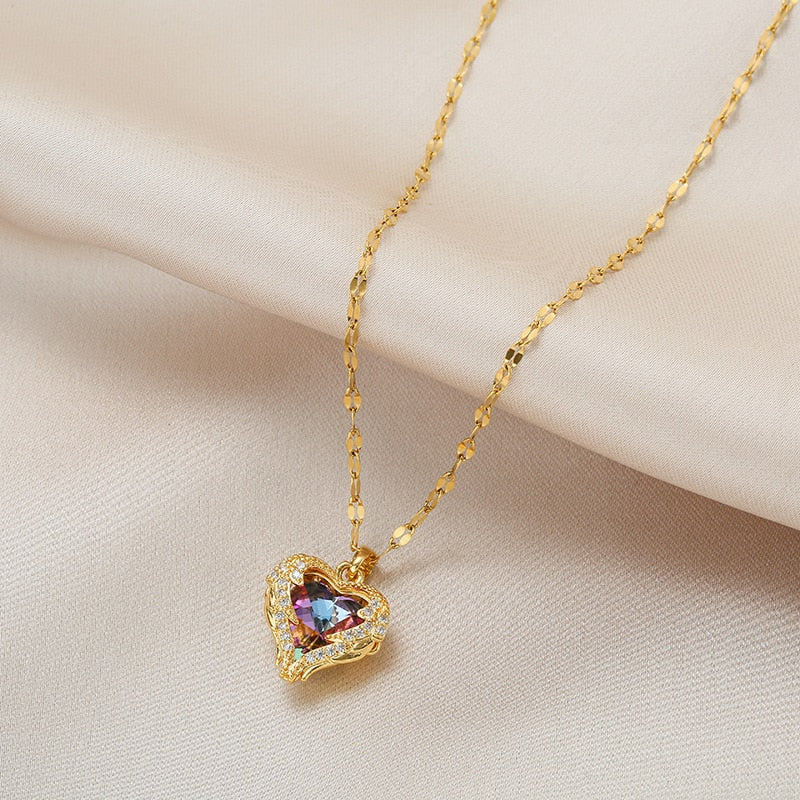 Zircon Crystal Ocean Heart Pendant Necklace