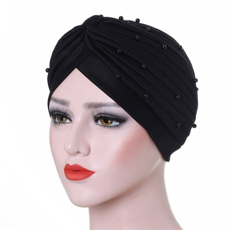 Cotton solid folds pearl muslim turban scarf  women's hijab