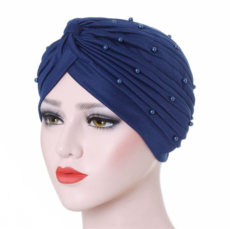 Cotton solid folds pearl muslim turban scarf  women's hijab