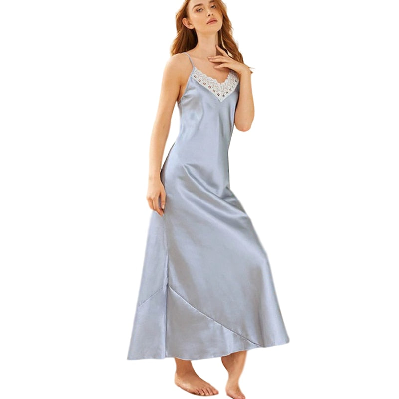 Ladies Silk Long Gowns/Nightgown/V-neck Night Dress