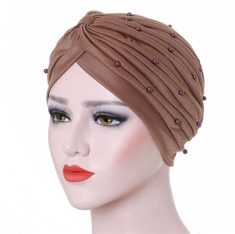 Cotton solid folds pearl muslim turban scarf  women's hijab